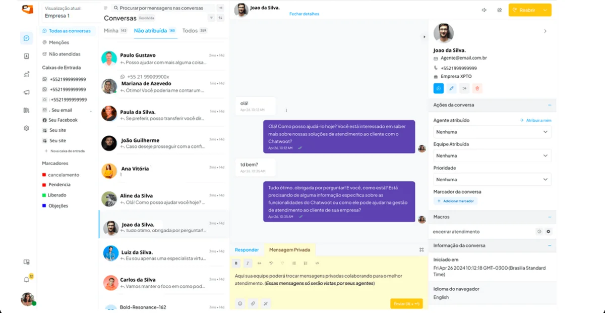 Interface do Chatwoot mostrando uma caixa de entrada de atendimento com lista de conversas e uma conversa em destaque